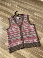 Jamieson's Fair Isle Knit Vest Pink Brown Women's M-L Pure New Wool Scotland
