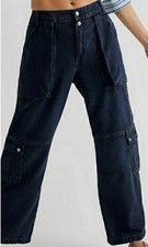Free People Marx Slouchy Cargo Jeans Tab Button Detail Wide Leg Black Size 25