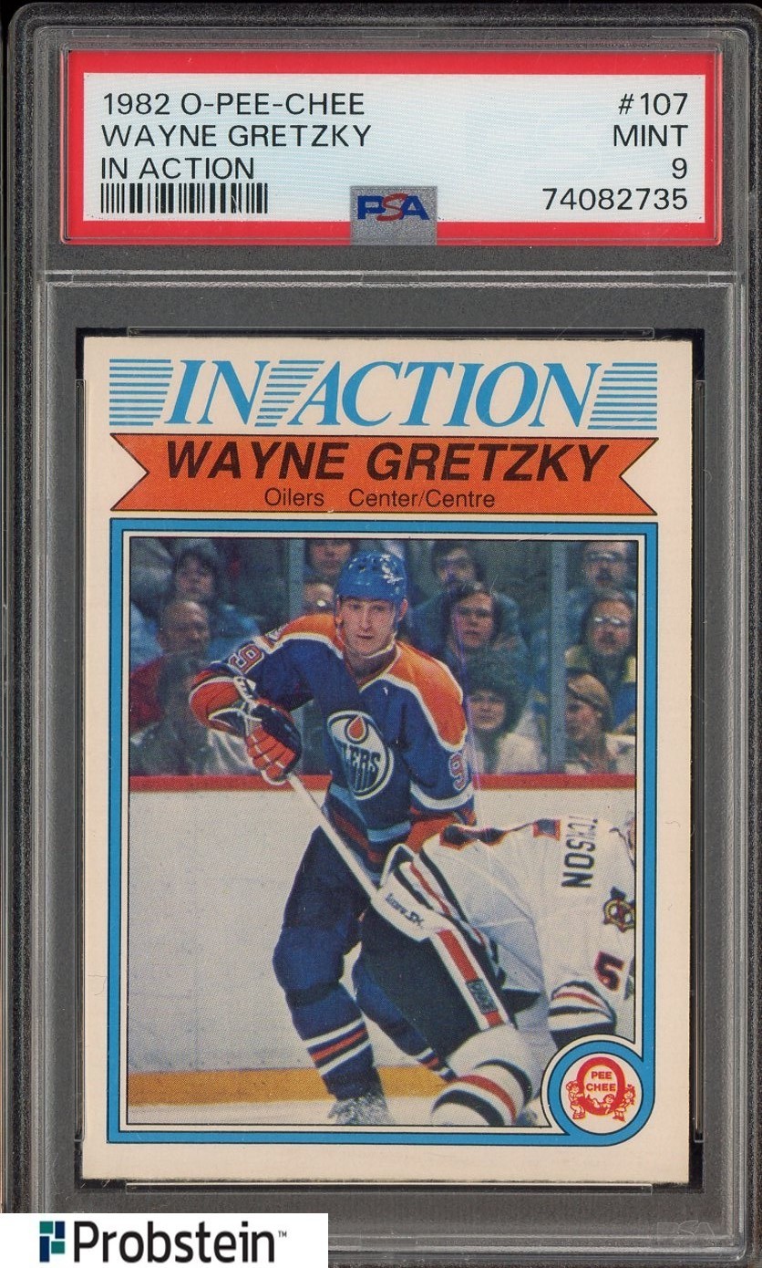 1982 O-PEE-CHEE OPC Hockey In Action #107 Wayne Gretzky Oilers HOF PSA 9 view 1