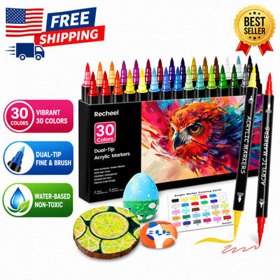 30 Colors Acrylic Paint Markers, Dual Tip Fine and Brush Tips/for/Detailed/Art.