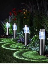 Solar Stake Lights Garden Wave Bollard 4pc Stainless Steel Large Patio Pathway