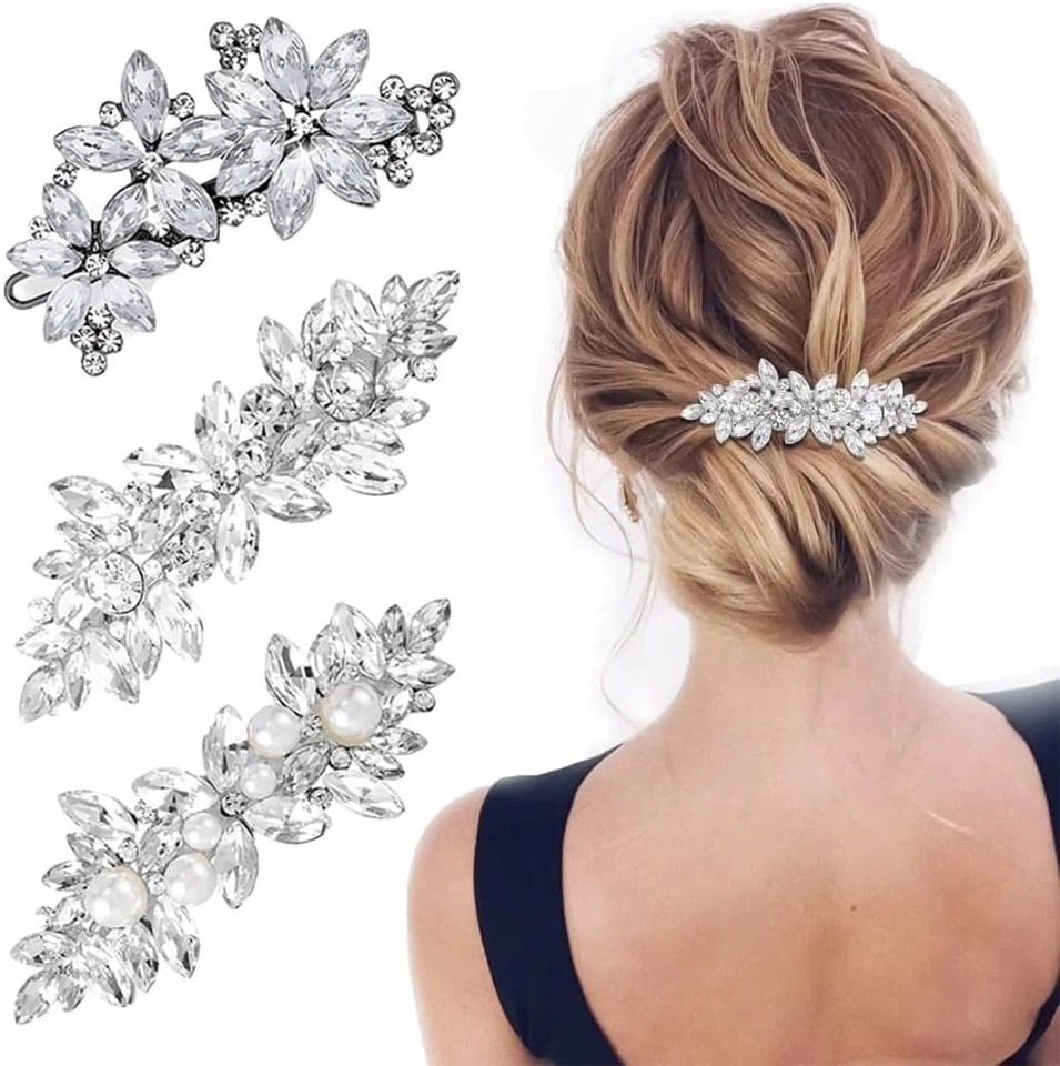 3 Clips Cheveux Mariée Strass Argenté Cristal Perle Fleur Barrettes - Photo 1/4