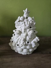 White Christmas Tree Tea Light Candle Holder Pierced Ceramic Stars Santa Bears