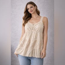 Maurices Lace Tank Top Large Cream Boho Tiered Ruffle Button Front