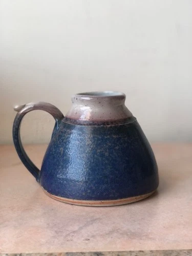 Beautiful Vintage Studio Art Pottery, Coffee Mug Cup, Glazed Blue, White & Pink