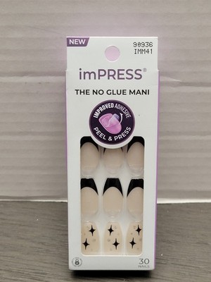KISS imPRESS Nails - Black French Star + Nude Rhinestone Accent - Medium 