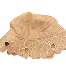 Liz Claiborne Beach Hat/ Flower Cutout Embroidered Brim Beige