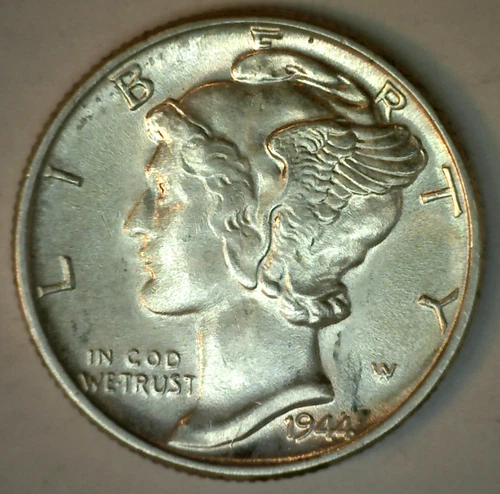 1944 BU Silver Mercury Dime Winged Head US Ten Cent Coin UNC 10c