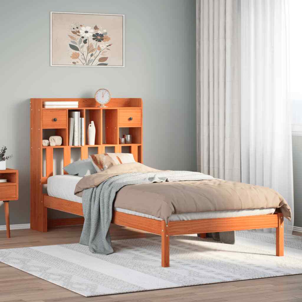 Cama Librería sin Colchón Cera Marrón 90x190 cm Individual Macizo Madera Pino