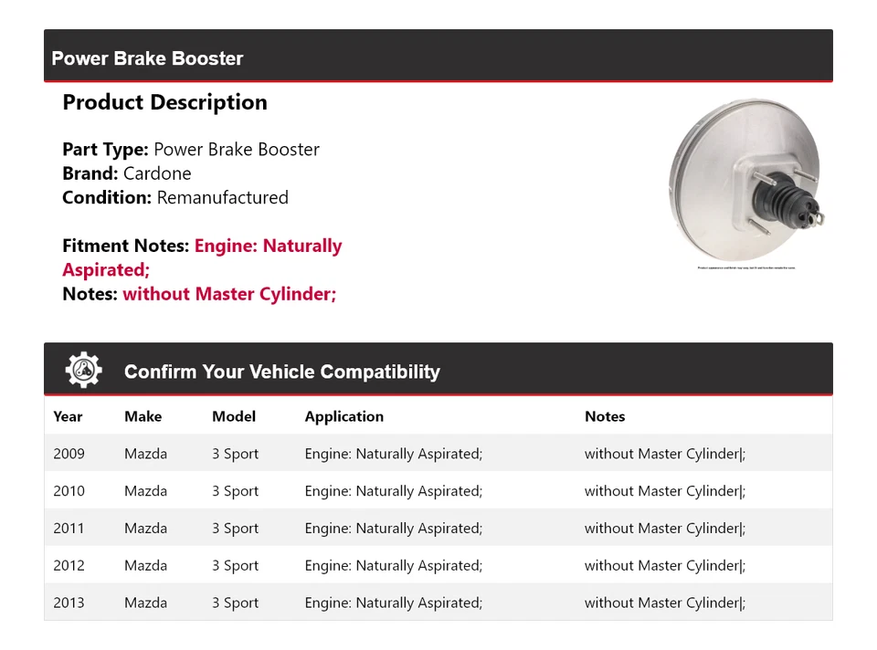 For 2009-2013 Mazda 3 Sport Naturally Aspirated Power Brake Booster Cardone 2010 - Image 2 of 4
