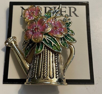 Napier Brooch Pin Watering Can Flowers Gardener Gold Tone Enamel NWT