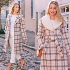 Gal Meets Glam Bronwyn Faux Fur Collar Belted Pea Coat - Women's L Cream /brown