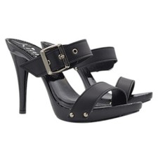 Black Women's Clogs Double Strap Leather With Buckle And 13 Heel - KM75310 BLACK