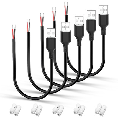 5 Pcs USB a Male to Bare Wire Cable - 12V/3A 30Cm Open End Pigtail Power Cord