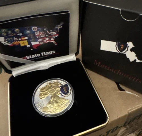 Massachusetts State Flag Liberty Eagle 1oz Paint Silver Coin Gilded 2015 Box Cir