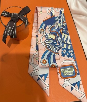 BRAND NEW Hermes Silk Twilly Pink Salmon Blue With Tags GIFTABLE