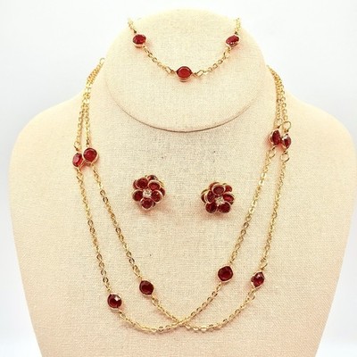 Vtg Avon Goldtone Necklace Earring Bracelet Gift Set Red Flower Faceted Shiny K