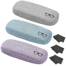 Hard Shell Eyeglasses Case Linen Fabric with Cleaning Cloth Unisex 3 Pack