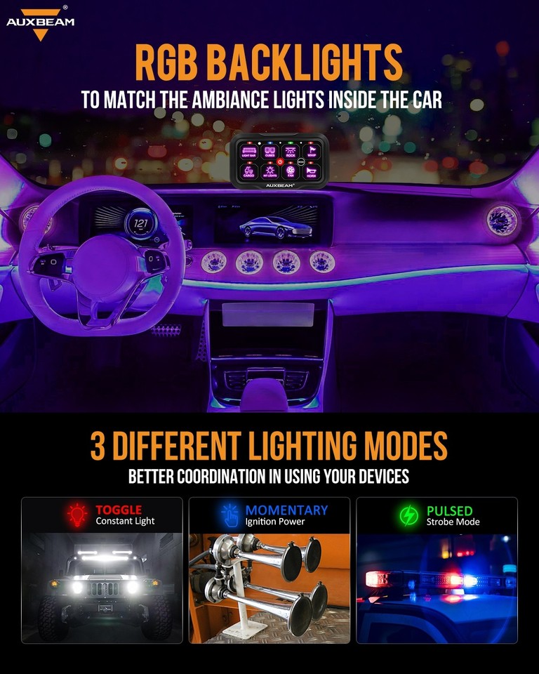 For Jeep Light Switch Auxbeam RGB 8 Gang Switch Panel Set Remote ...