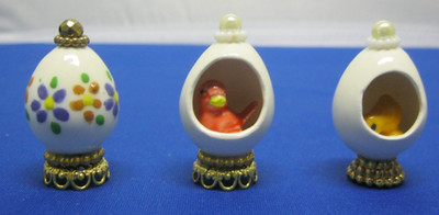 3 Decorative Miniature Handmade Ceramic Eggs Quail Size 2 Cut Outs W/ Birds