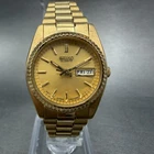 Seiko Watch Women 25mm Gold Dial Gold Tone Daydate Round 7N83-0041 New Battery L