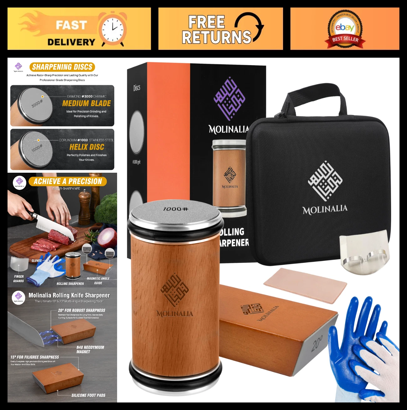 Multi-Angle Knife Sharpener Kit - Diamond & Ceramic Discs, Finger Guard, Gloves,
