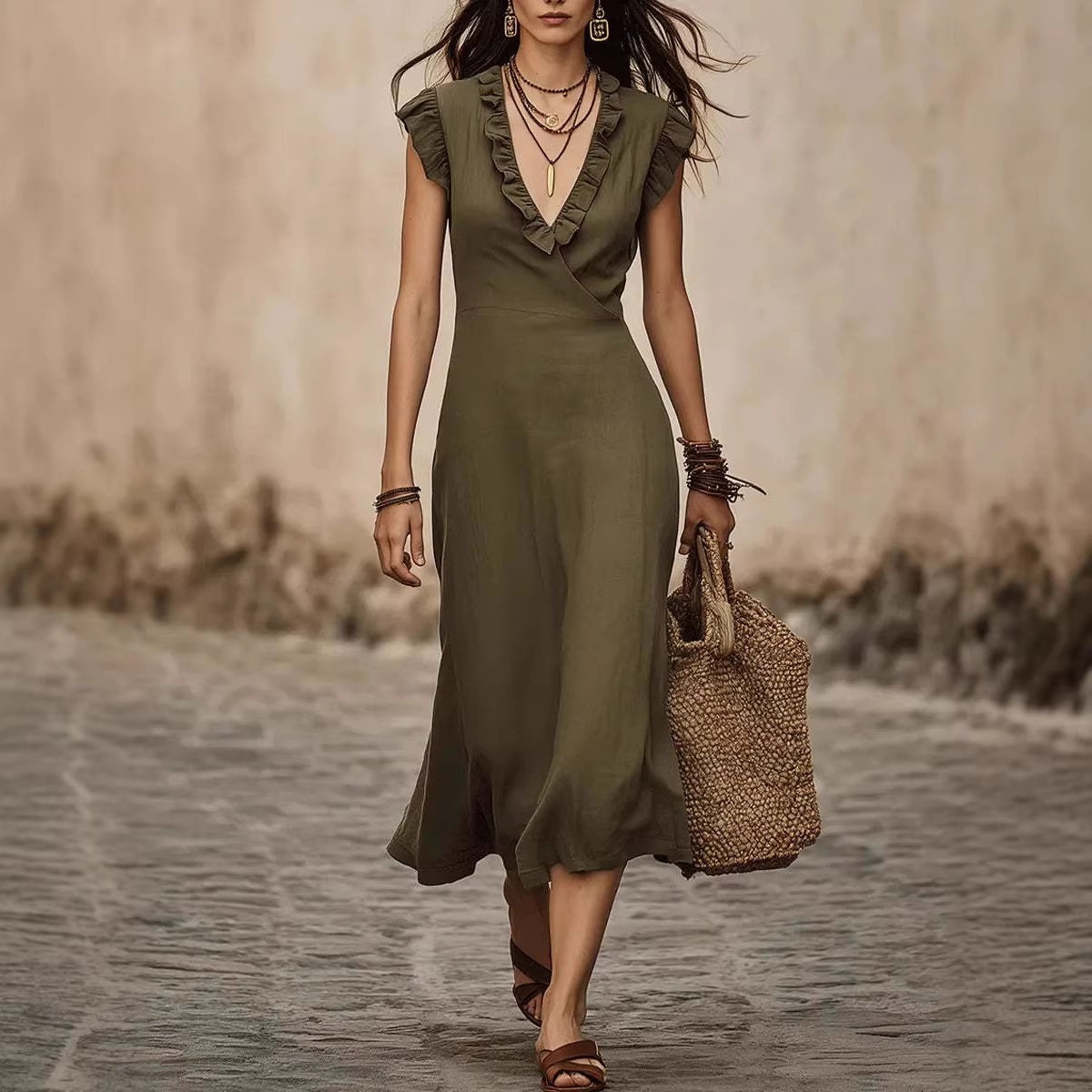 Women's V-Neck Cotton Linen Midi Dress Flutter Sleeve Ruffle Trim