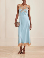 Women Doen Silk V-neck Lace Sleeveless A-line Midi Dress