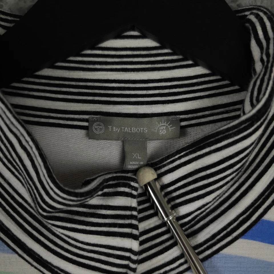 T by Talbots Pullover Women XL White Black Striped 1/4 Snap Terry Sweater UPF 50 - Image 3 of 4