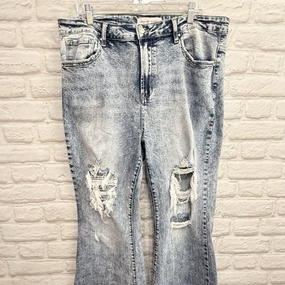 Freckled Poppy Risen 2X Denim Jeans Distressed Raw Hem Stretch Light Wash Grunge