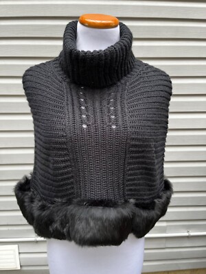 NWT PEPPE PELUSO Black Turtle neck Poncho with removable genuine rabbit fur trim