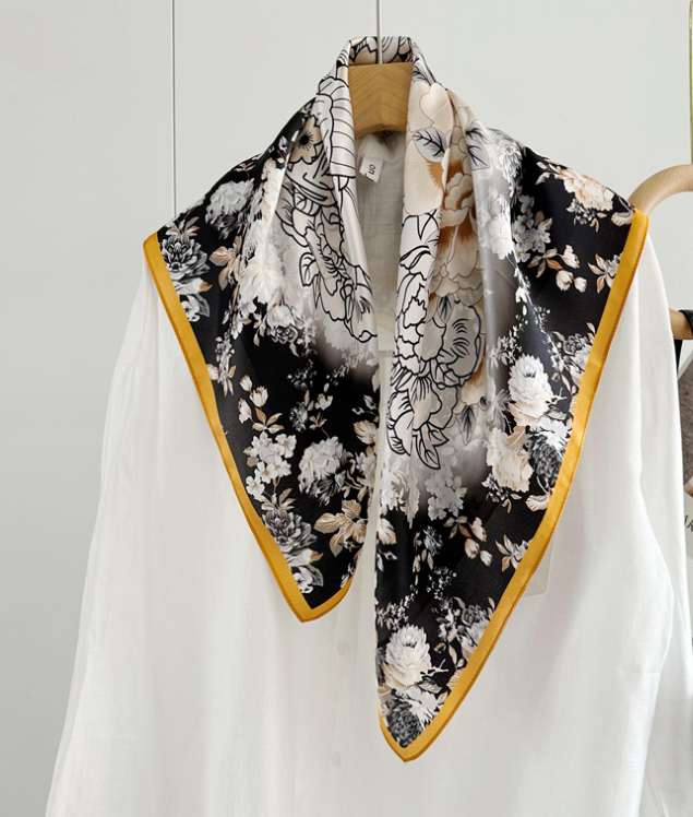 100% Silk Mulberry Scarf 70x70 Women Square Bandana Wrap Floral Black
