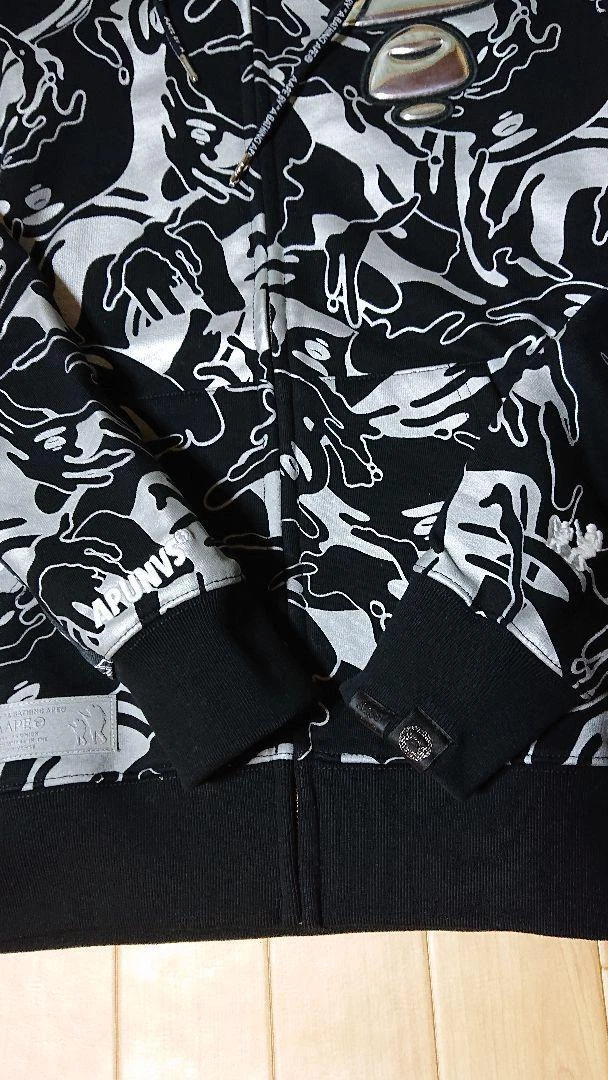 A BATHING APE (BAPE) Felpa con cappuccio BAPE M autentica rara parka mimetico zip nero argento come nuova