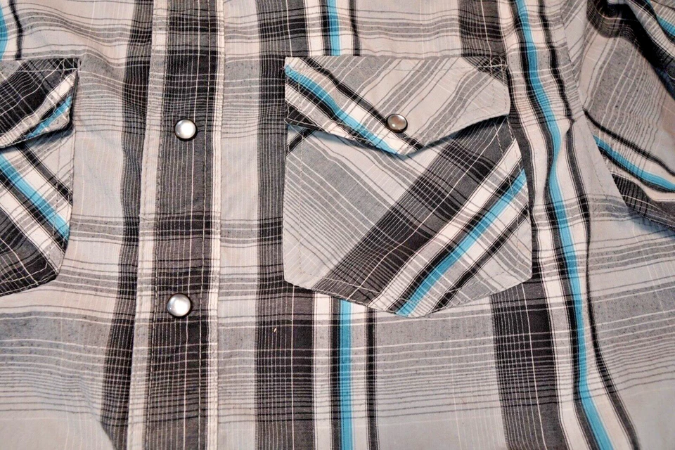 Ditch Plains Mens XL Western Cowboy Plaid Pearl Snap Roll Tab Sleeve Shirt - Image 3 of 4