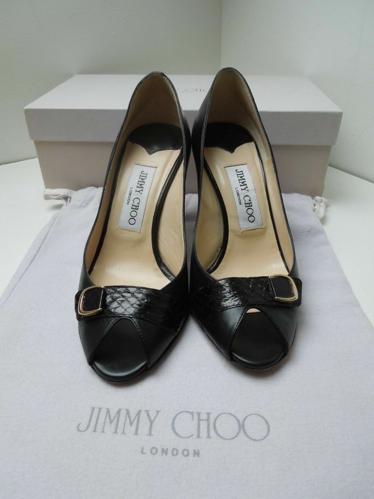 Jimmy Choo RRP £350 Kid Leather Black Open Toe Heel Size 35 VGC