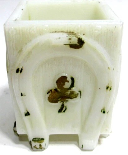 Antique EAPG Toothpick Holder Lucky Horseshoe & Clover White Milk Glass 2 1/4" T