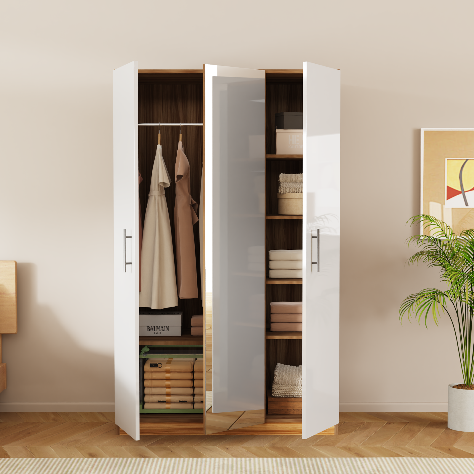 Mirrored 3 Door High Gloss White Oak Wardrobe | eBay UK