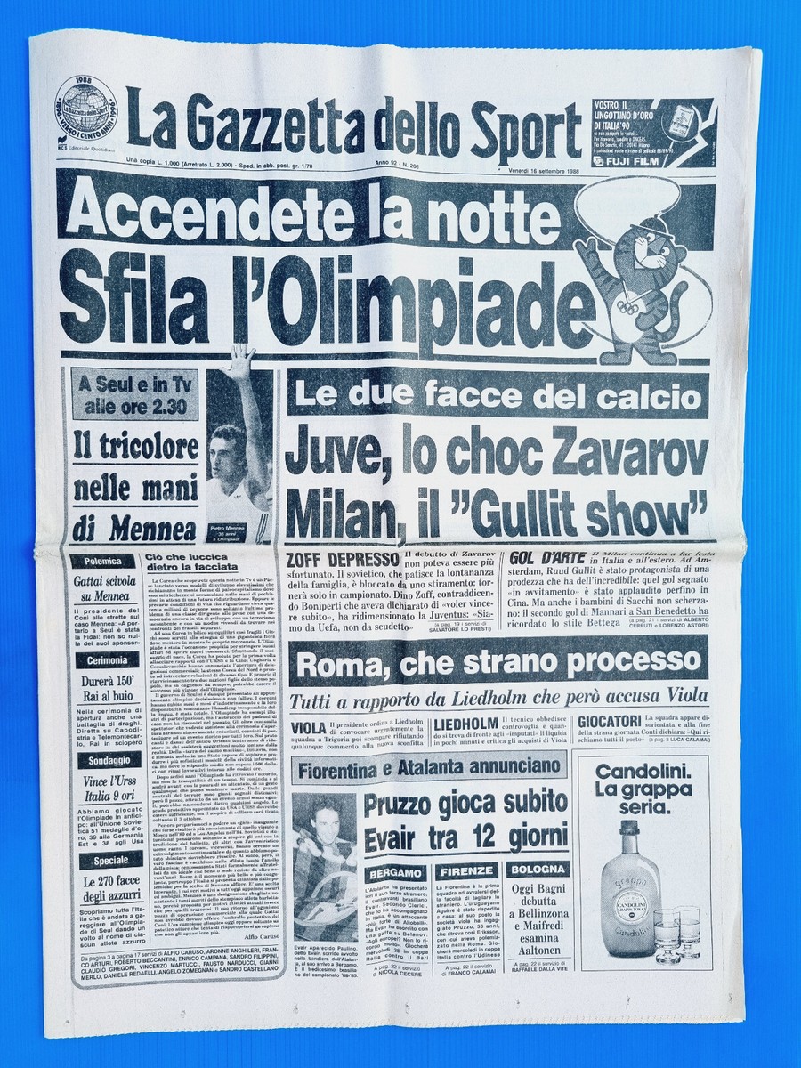 Gazzetta Dello Sport 16 Septembre 1988 – JO Séoul 88, Mennea – Journal Original