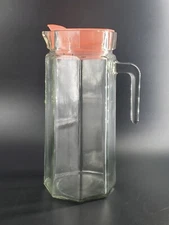 Vintage Octagonal Geometric Paneled Glass Pitcher, Pink Lid 1.5 L KIG Indonesia