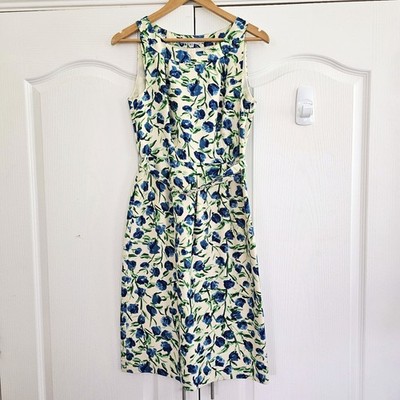 L.K. Bennett Kleid Damen Seide grün/blau bunt UK Größe 10 Blumendruck Hochzeit