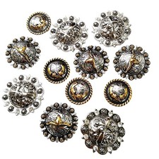 Horse TACK Antique Engraved Berry Conchos Screw Back Cross Badges Longhorn St...