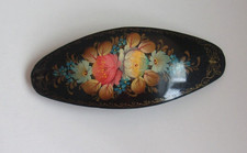 SIGNED Russian Hand Painted Hair 4" Barrette BLACK Multi-Colored Floral