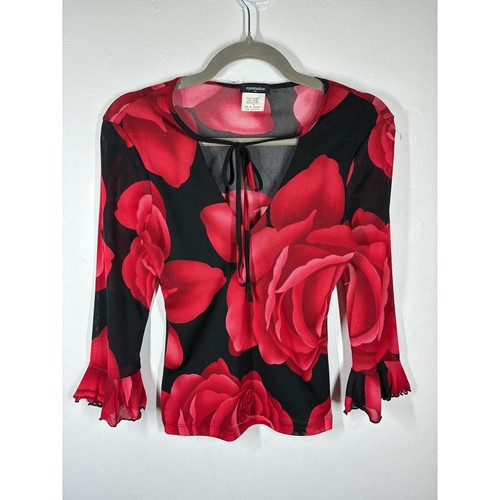 Vintage 90s Y2K Sheer Mesh Black Red Rose Print Bell Sleeve Top Medium Stretchy
