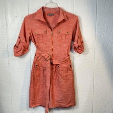 Sharagano Dress Womens 8 Utility Zip Belted Shirt Collared Pockets Casual Workwe