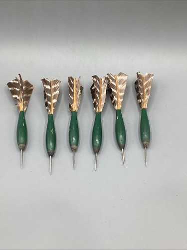 Vintage Wood Handle Feather Throwing Darts Set of  (6) Steel Tip Primitive Style