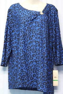 Ruby Rd. blue print angled neckline 3/4 sleeves stretch pullover top L NWT