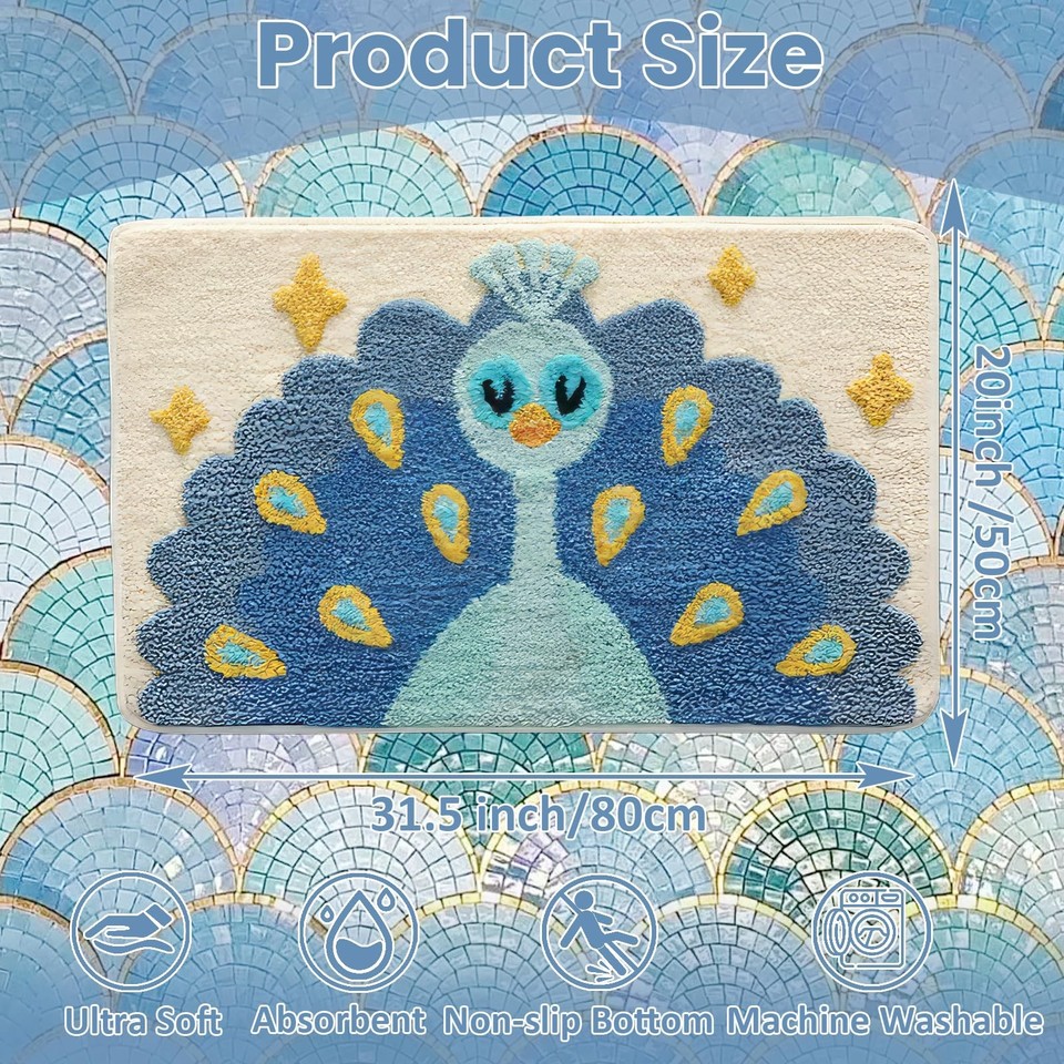Animal Bath Mat, Cute Cartoon Peacock Floor Mat, Ultra Soft & Non-Slip ...