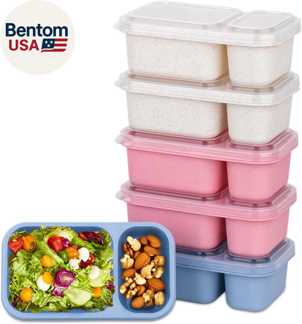 6Pack 2-Compartment Reusable Snack Containers with Lids, Wheat Straw Reusable Sn