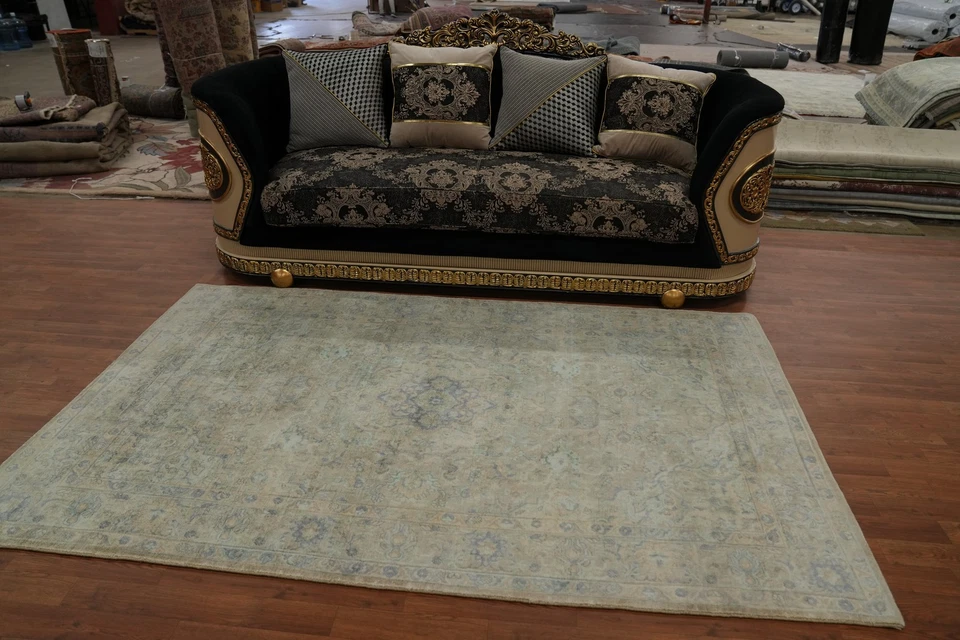 Handmade Transitional Silk Carpet Beige Oushak Style Rug 5x8 Ft Oriental Rug - Image 3 of 4