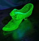 VTG Uranium Glass Fenton Jaguar Leopard CatHead Slipper Shoe Ashtray DaisyButton